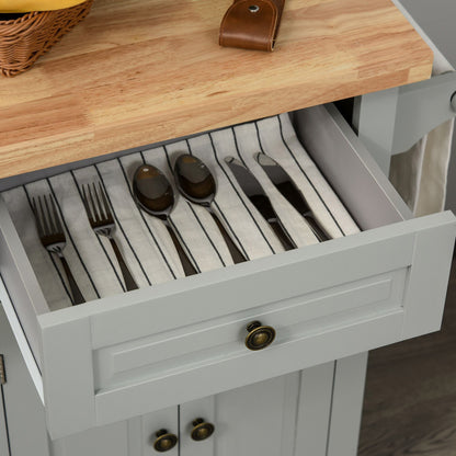 Rolling Kitchen Island Storage Trolley with Rubber Wood Top & Drawers for Dining Room