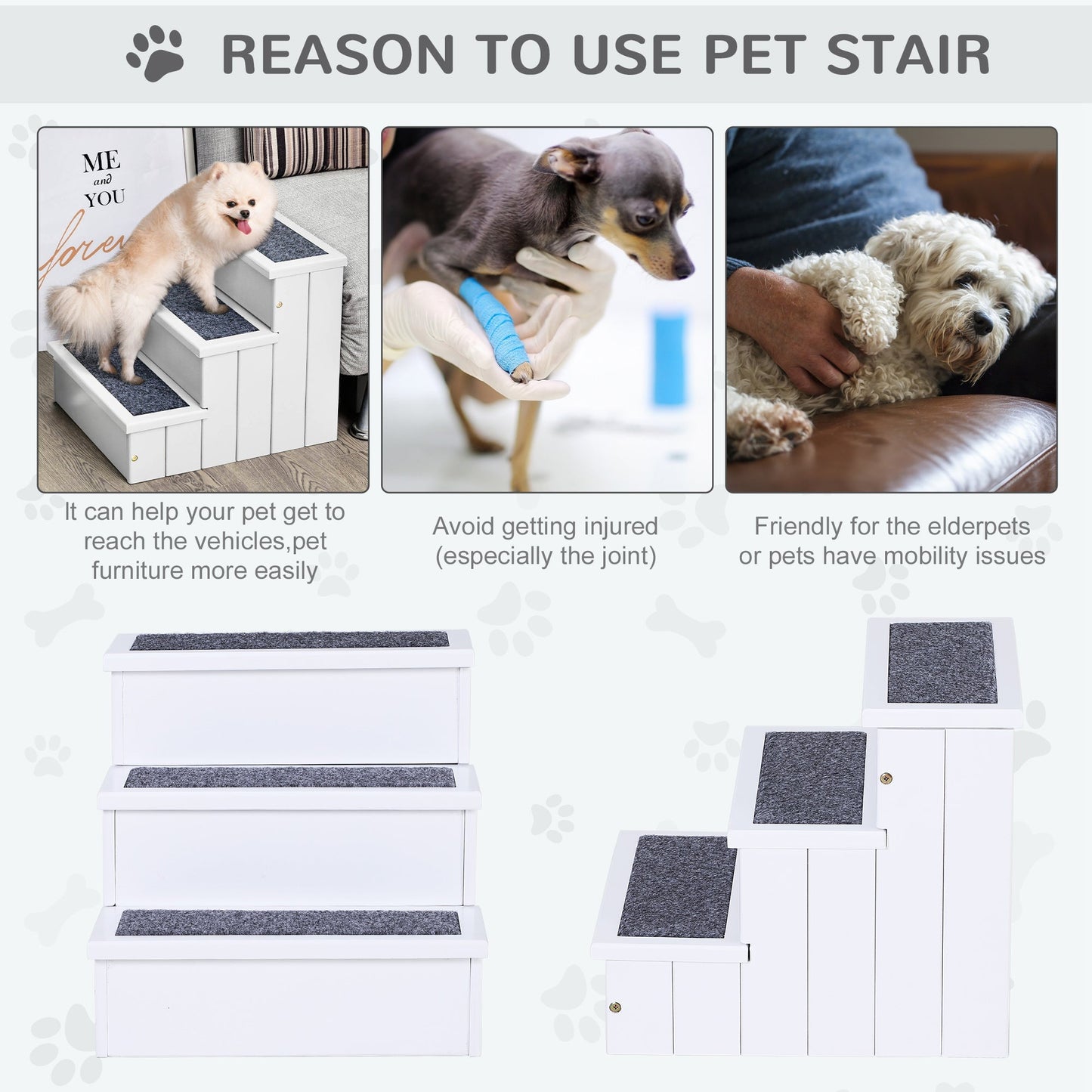 PawHut 3 Step Wooden Dog Steps Pet Stairs for Dogs