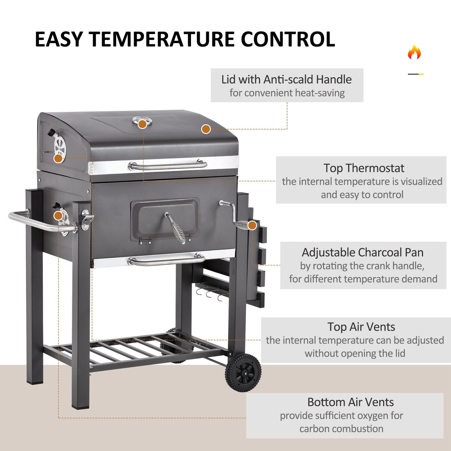 Charcoal Grill BBQ Trolley with Adjustable Charcoal Grate