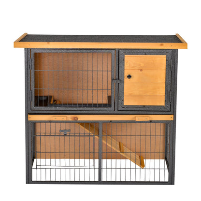 PawHut Wood-metal Rabbit Hutch Guinea Pig Hutch Elevated Pet House Bunny Cage with Slide-Out Tray Openable Roof Outdoor 89.5 x 45 x 81cm Light Yellow