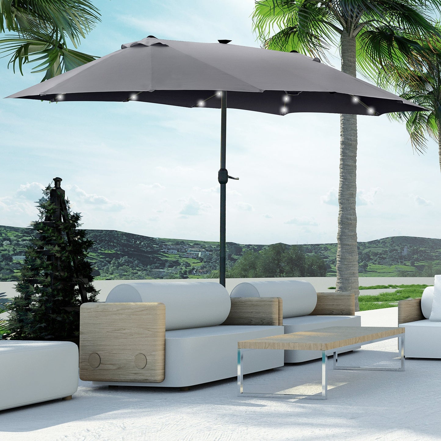 4.4m Double-Sided Sun Umbrella Patio Parasol LED Solar Lights Dark Grey