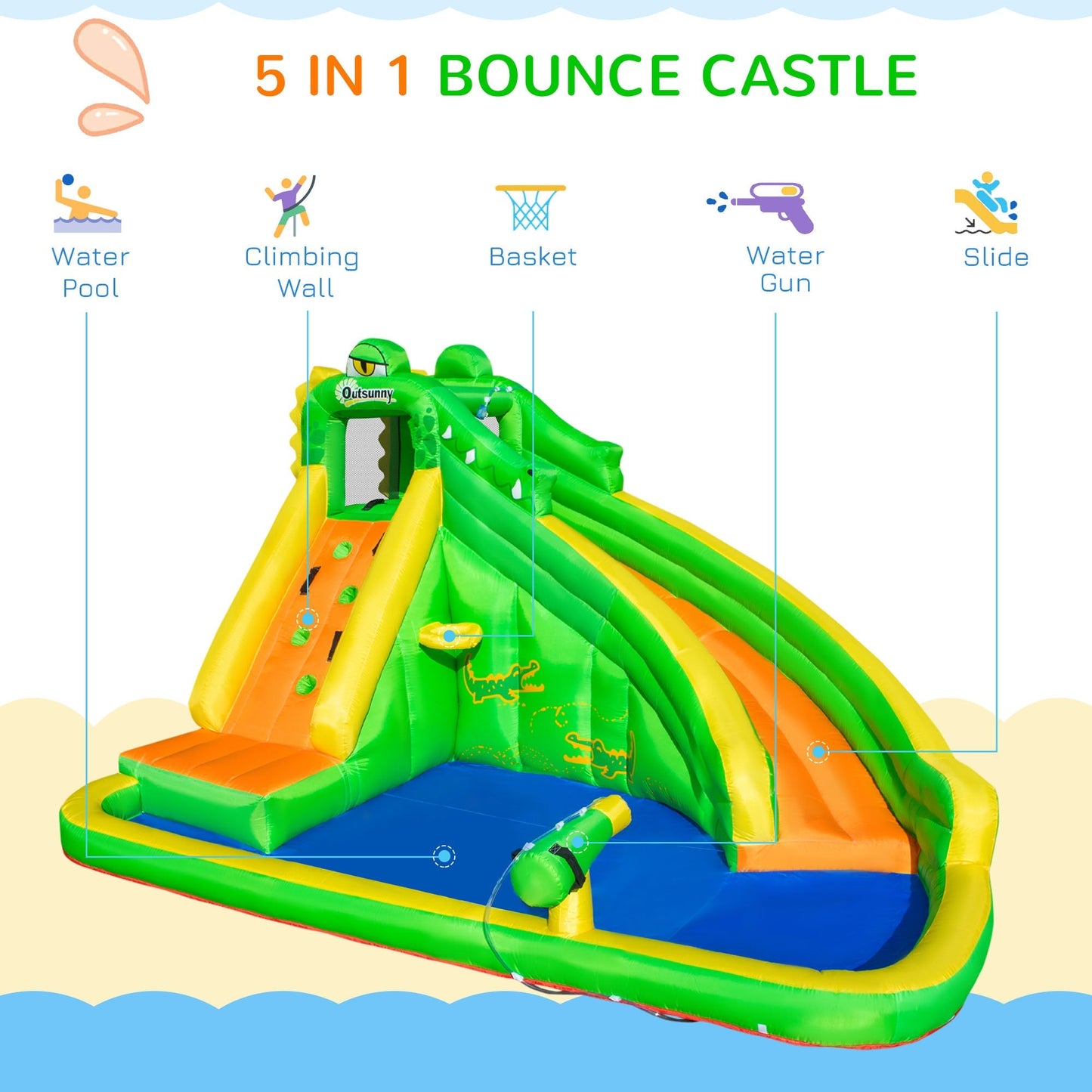 5 in 1 Kids Bouncy Castle Large Crocodile Style Inflatable House Slide Basket Water Pool Gun Climbing Wall with Blower Carrybag for Kids Age 3-8