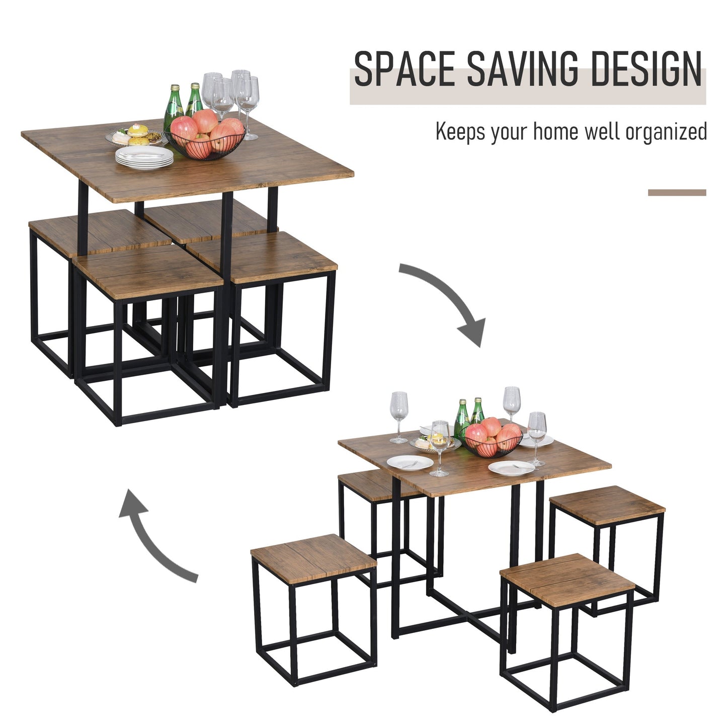 5-Piece Industrial Table & Stool Set w/ Metal Frame Home Dining Stylish Square Compact Seating Chair Beautiful Cool Black Brown