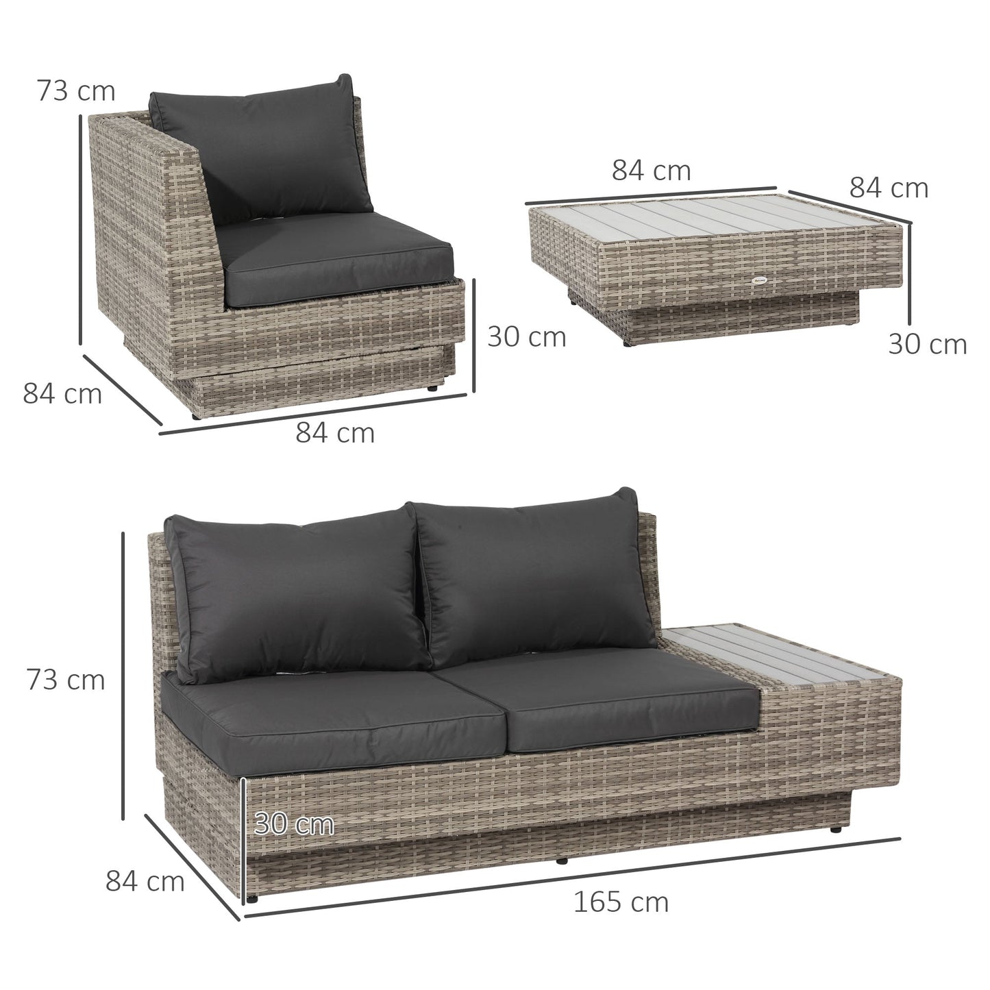 4-Piece Rattan Garden Furniture Outdoor Sectional Corner Sofa and Coffee Table Set Conservatory Wicker Weave Furniture with Armrest and Cushions - Light Grey