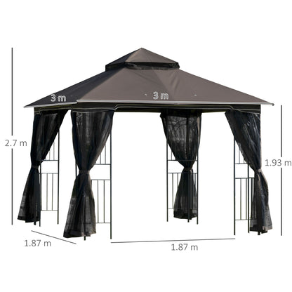 Outsunny 3 X 3M Metal Gazebo Garden Outdoor 2-Tier Roof Marquee Party Tent Canopy Pavillion Patio Shelter With Netting And Shelf Coffee