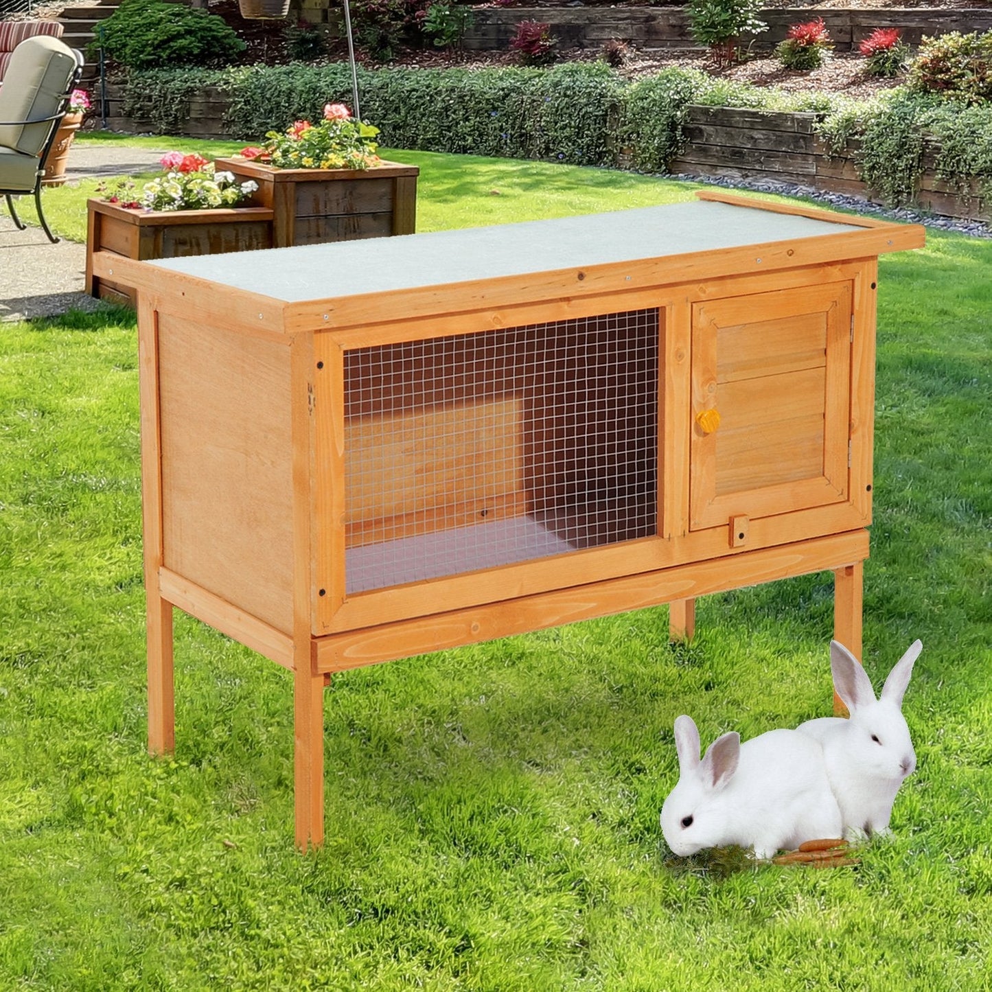 PawHut Wood Rabbit Hutch Guinea Pig House Bunny Cage Shelter Indoor Outdoor Elevated with Sliding Tray 90x45x65cm