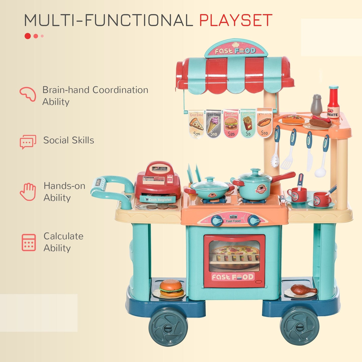 Kids Food Cart Pretend Playset Kitchen Supermarket Trolley Set w/ Accessories