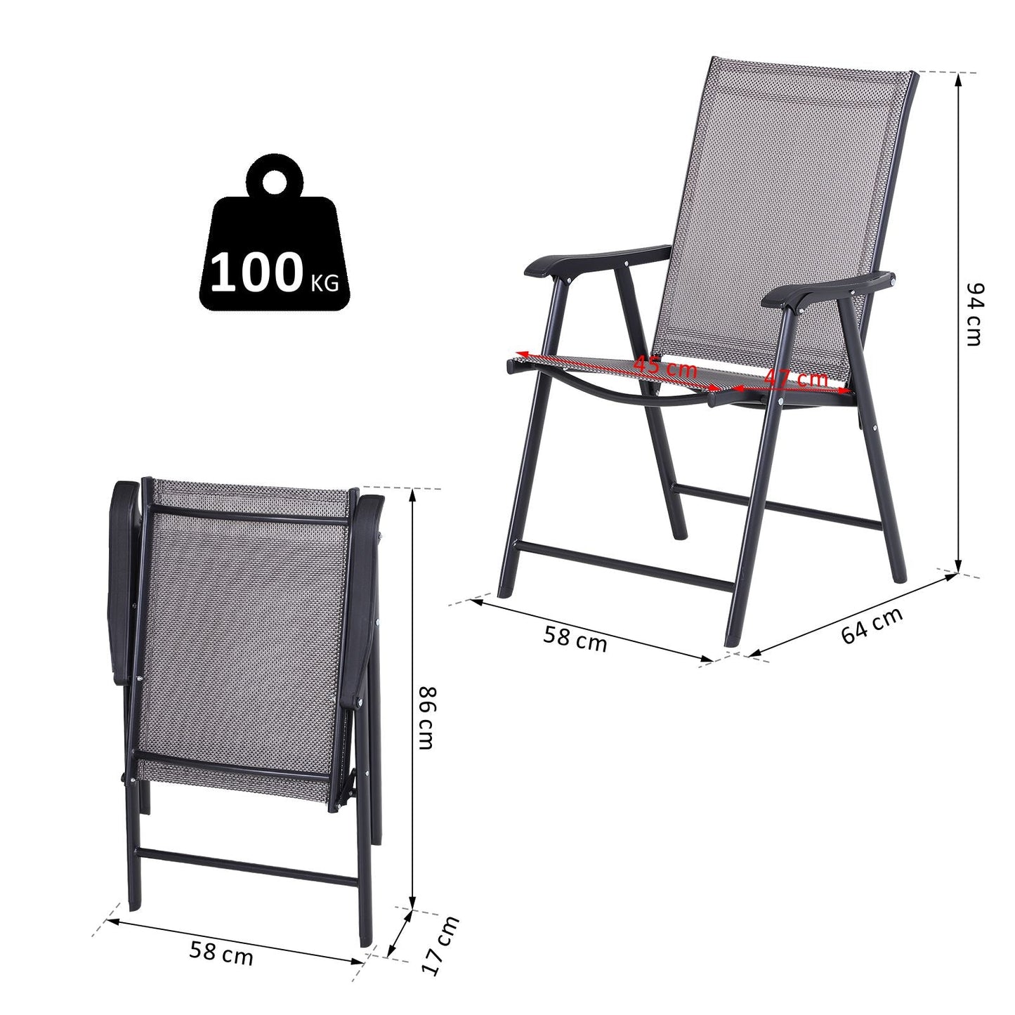 Outsunny Set Of 2 Foldable Metal Garden Chairs Outdoor Patio Park Dining Seat Yard Furniture Grey