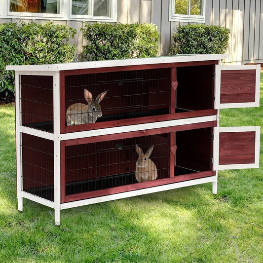 PawHut Two-Tier Double Decker Wooden Rabbit Hutch Pet Cage 136.4Lx50Wx93H cm-Brown/White