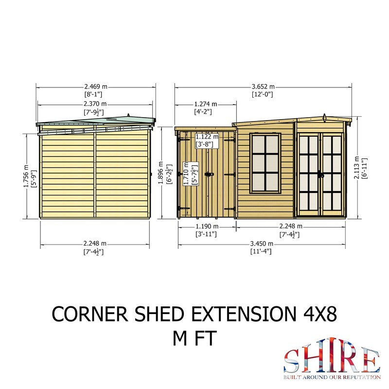 Shire Hampton 3' 10" x 7' 4" Pent Summerhouse with Side Shed - Premium Dip Treated Shiplap