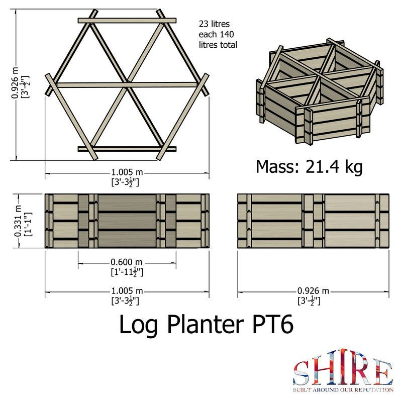 Garden Planter Hexagonal Larch 6 Section Blue Grey by Shire - 1m