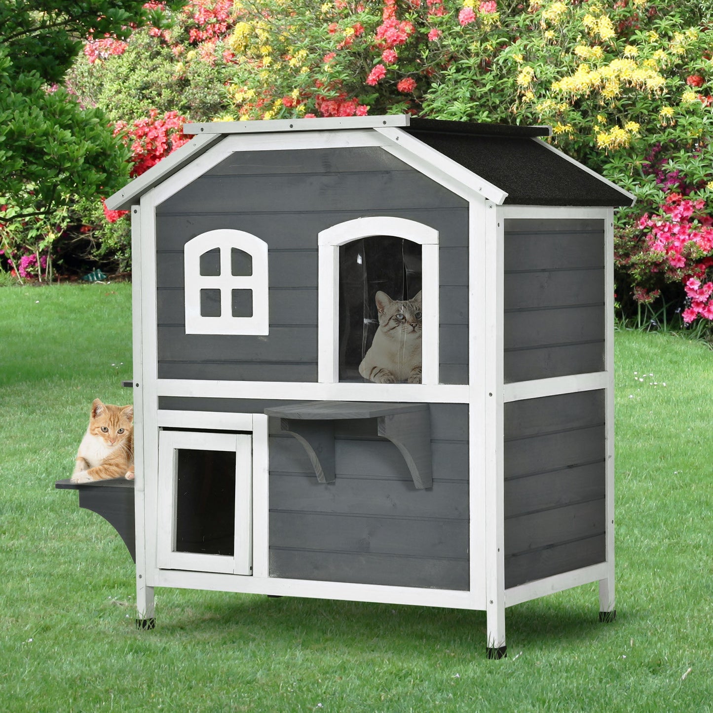 American Dream 91cm Cat House Fir Wood Grey & Black by Pawhut