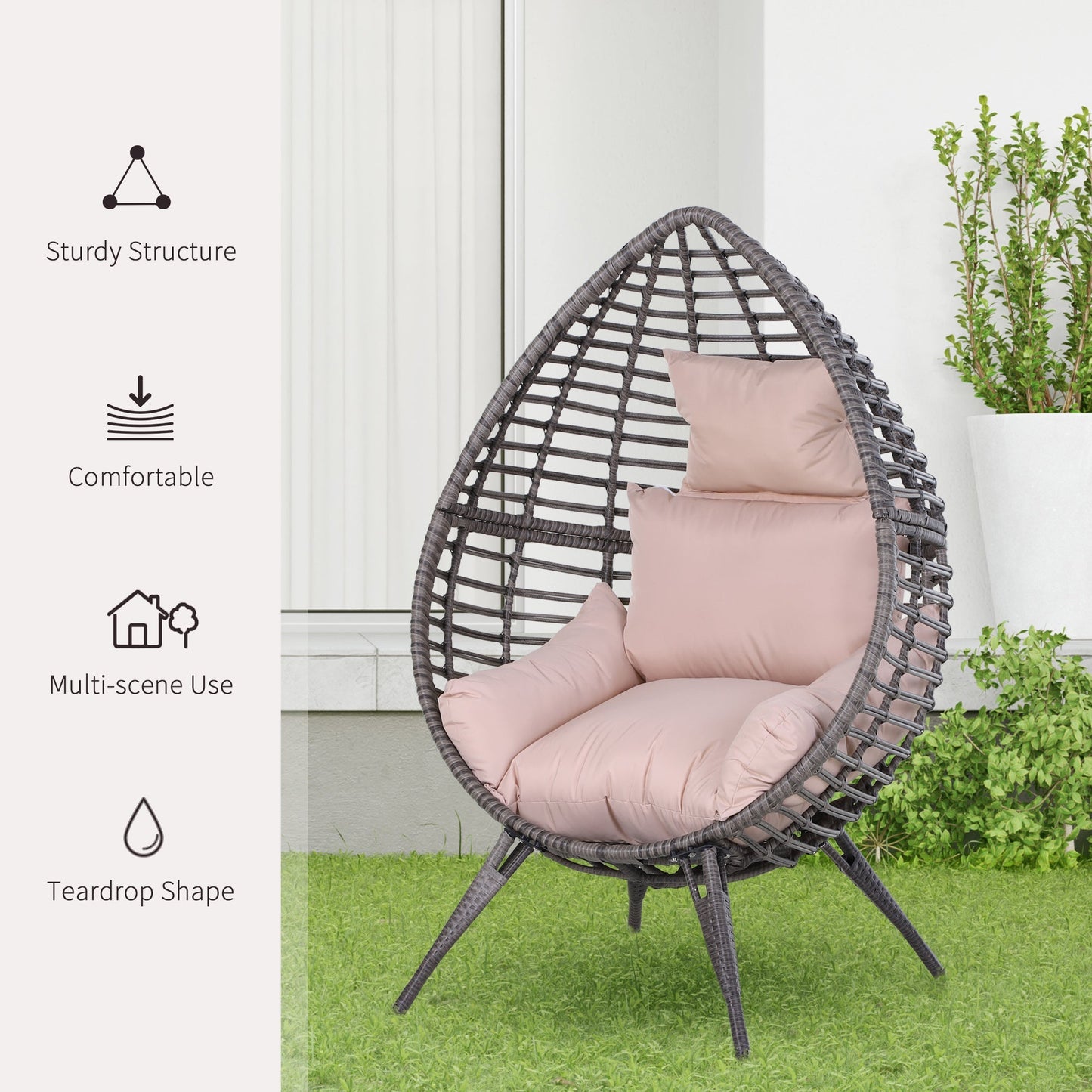 Outsunny Outdoor Egg Chair Pe Rattan Teardrop Chair With Full-Body Soft Padded Cushion Grey