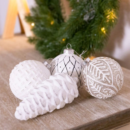 Wensum 12 x Christmas Tree Baubles Decoration White & Silver with Glitter Pattern - 13cm Scandi by Wensum