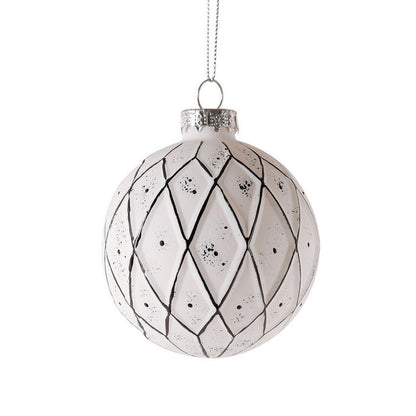 Wensum 12 x Christmas Tree Baubles Decoration White & Silver with Glitter Pattern - 13cm Scandi by Wensum