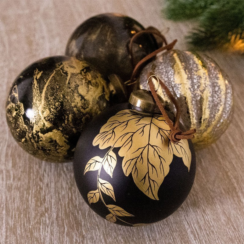 Wensum 12 x Christmas Tree Baubles Decoration Black & Gold with Glitter Pattern - 8cm Industrial by Wensum