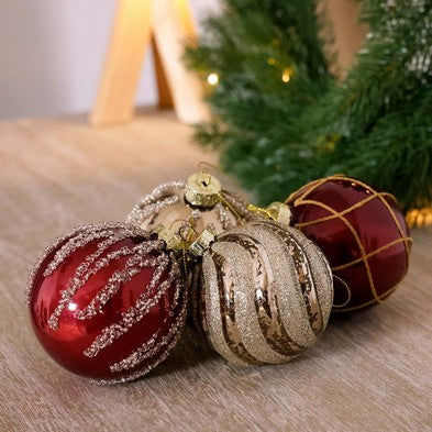 Wensum 12 x Christmas Tree Baubles Decoration Red & Gold with Glitter Pattern - 8cm by Wensum