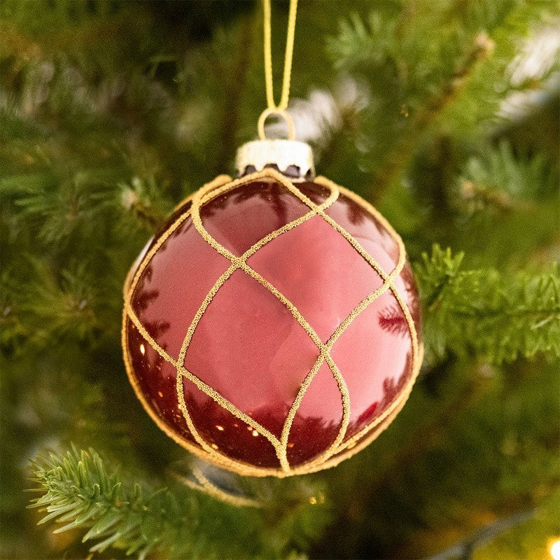 Wensum 12 x Christmas Tree Baubles Decoration Red & Gold with Glitter Pattern - 8cm by Wensum