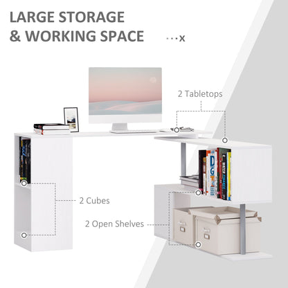 360 Degree Rotating Corner Desk Storage Shelf Combo Laptop Workstation Wood L Shaped Table Home Office - White