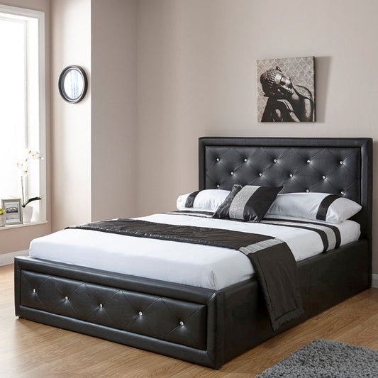 GFW Hollywood Double Ottoman Bed Faux Leather Black 5 x 7ft