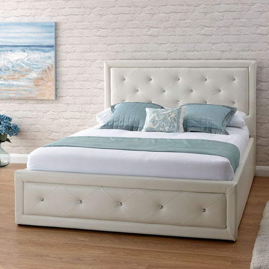 GFW Hollywood Double Ottoman Bed Faux Leather White 5 x 7ft