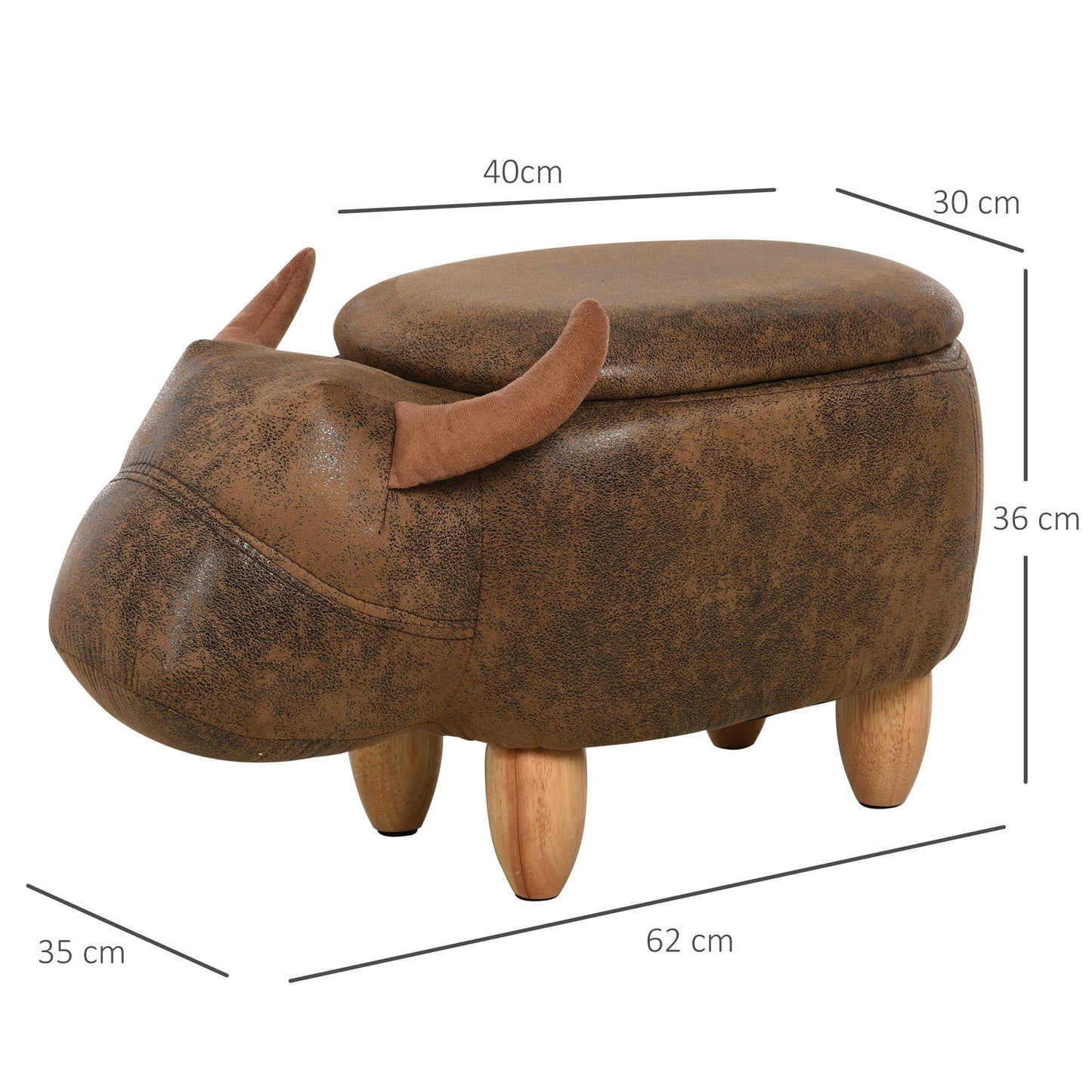 Animal footstool Buffalo Storage Stool Cute Kids Decoration Wood Frame Legs w/Padding Lid Ottoman Furniture Brown