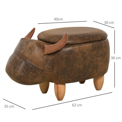 Animal footstool Buffalo Storage Stool Cute Kids Decoration Wood Frame Legs w/Padding Lid Ottoman Furniture Brown