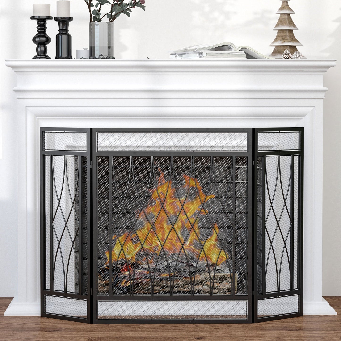 Homcom 3-Panel Folding Fireplace Screen Home Metal Mesh Fire Spark Guard 126L X 3W X 80H cm-Black