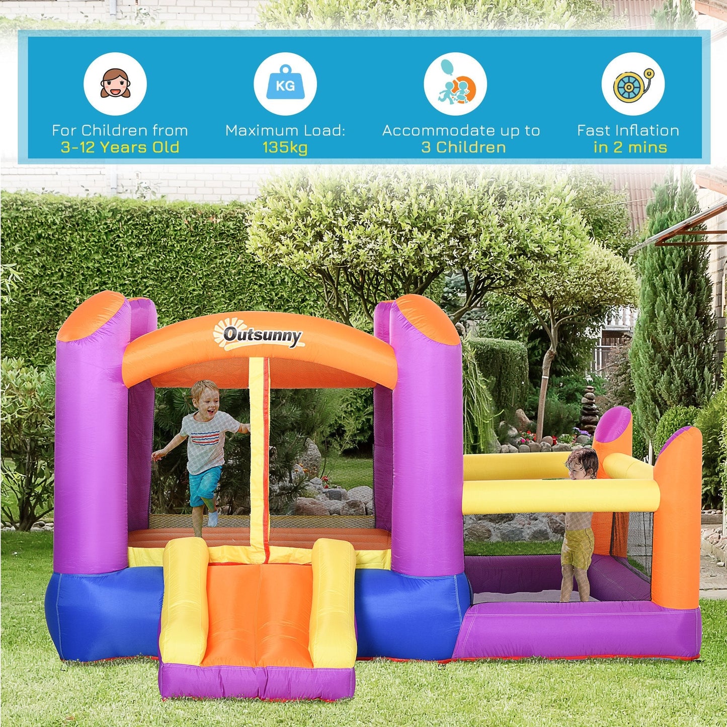 Outsunny Kids Bouncy Castle House Inflatable Trampoline Slide Water Pool 3 In 1 With Blower For Kids Age 3-8 Multi-Color 2.8 X 2.5 X 1.7M