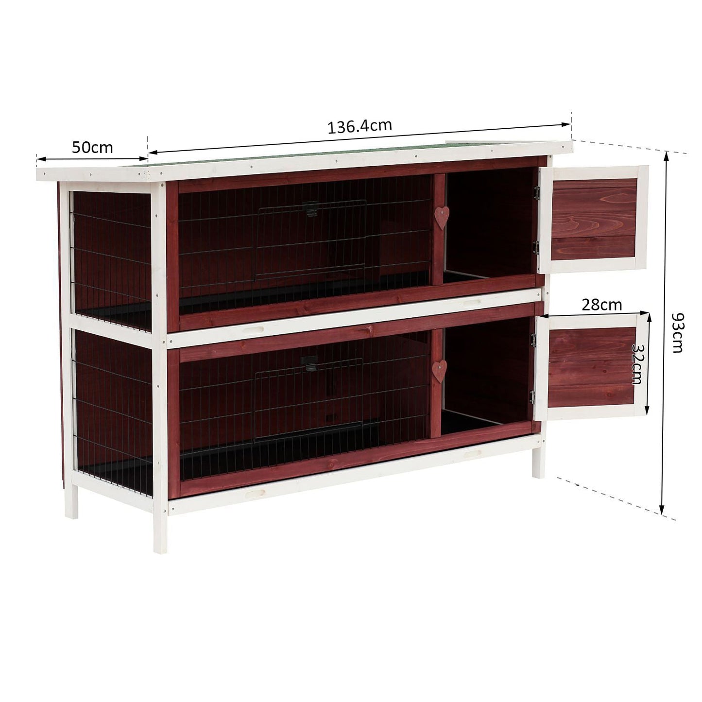 PawHut Two-Tier Double Decker Wooden Rabbit Hutch Pet Cage 136.4Lx50Wx93H cm-Brown/White