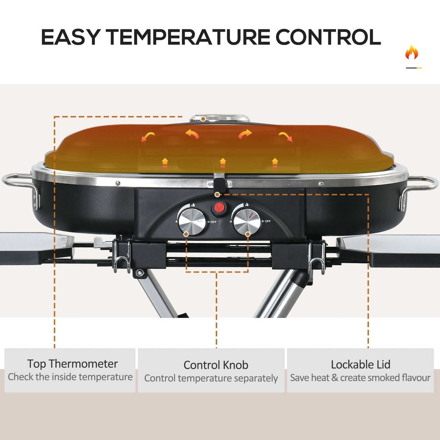 Outsunny Foldable Gas BBQ Grill 2 Burner Garden Barbecue Trolley w/ Lid Side Shelves Storage Pocket Piezo Ignition Thermometer