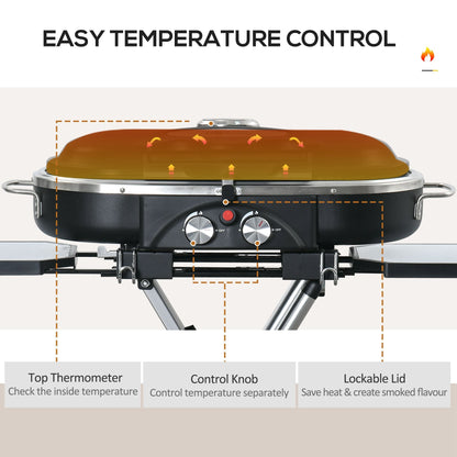 Outsunny Foldable Gas BBQ Grill 2 Burner Garden Barbecue Trolley w/ Lid Side Shelves Storage Pocket Piezo Ignition Thermometer