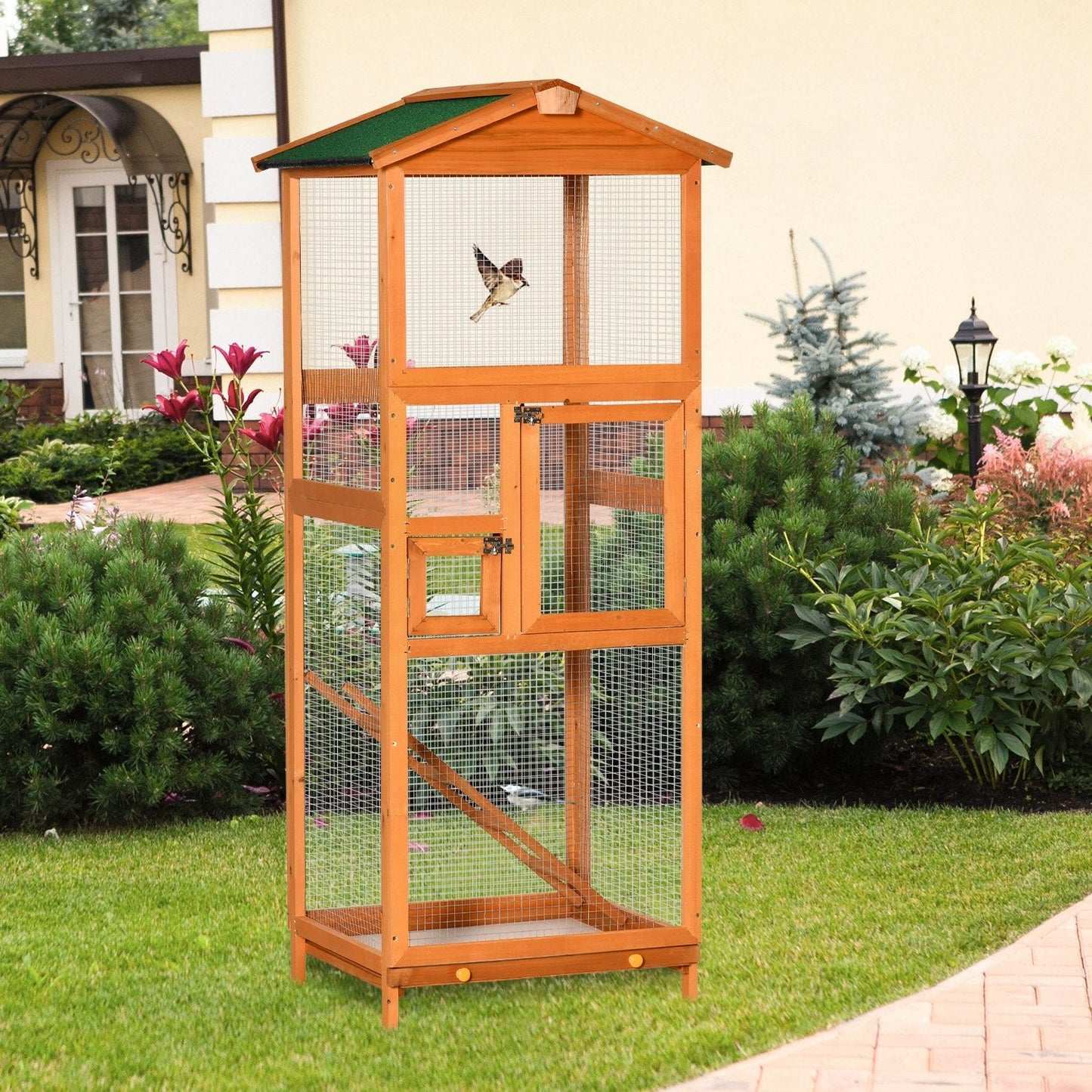 Cosy 165cm Bird Aviary Cage Two Door Fir Wood & Metal Orange & Green by Pawhut