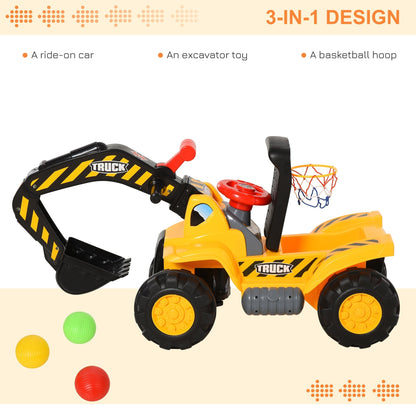 Kids Ride On Excavator Digger w/ Storage Basketball Net Steering NO POWER Wheel Vehicle Truck Toy