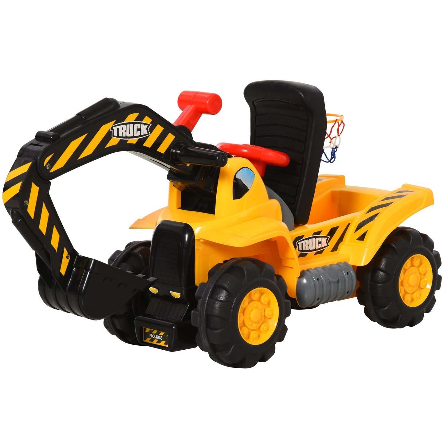 Kids Ride On Excavator Digger w/ Storage Basketball Net Steering NO POWER Wheel Vehicle Truck Toy