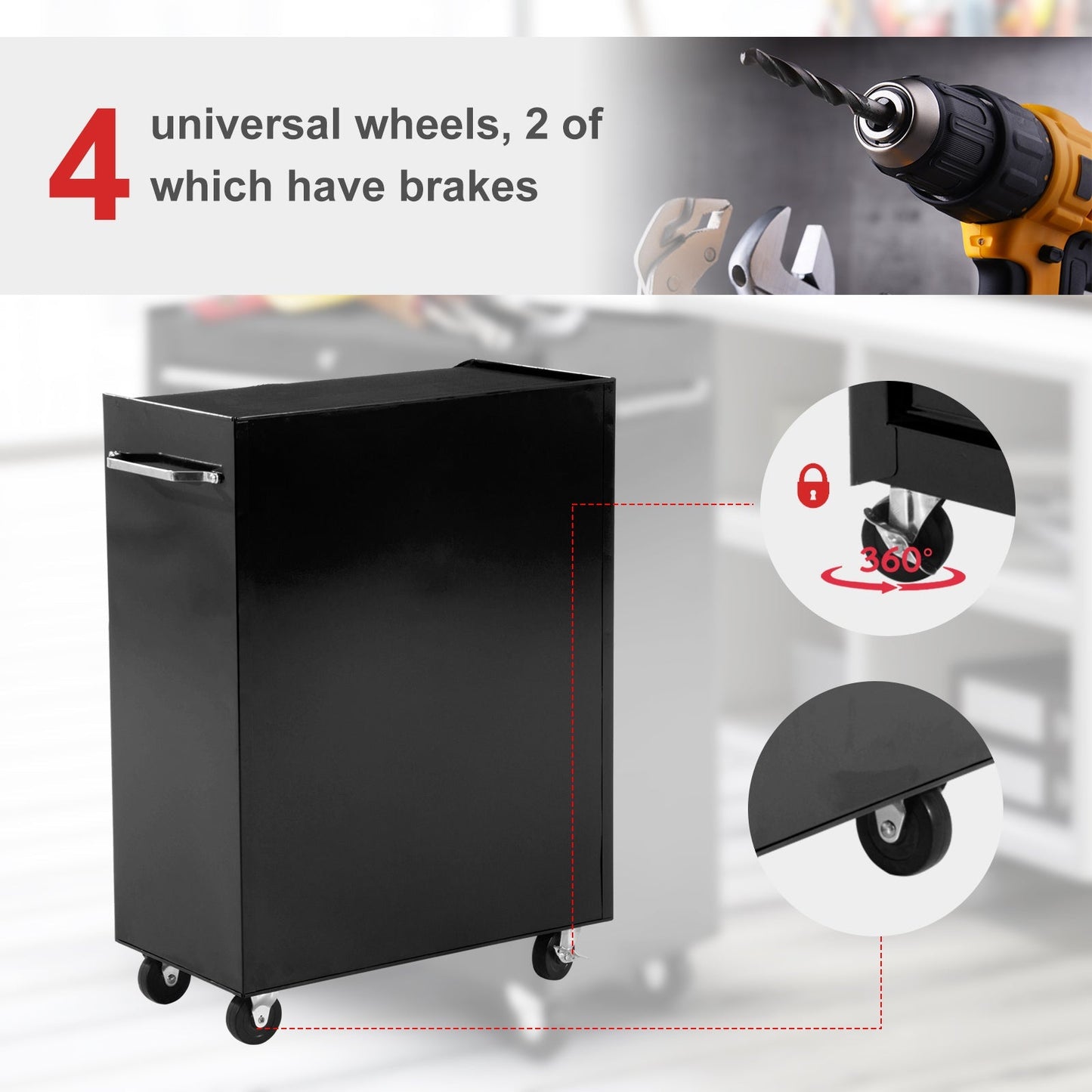 5-Drawer Lockable Steel Tool Storage Cabinet w/ Wheels Handle 2 Keys Organisation Box Unit Chest Garage DIY Workshop Trolley Black