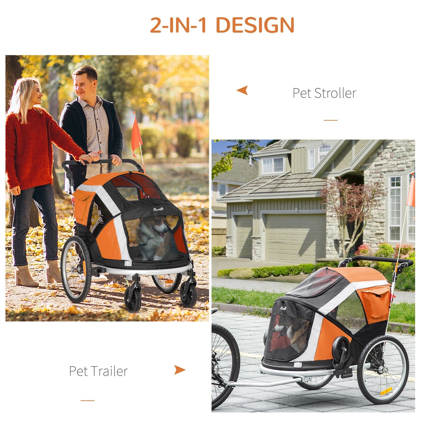 PawHut Dog Bike Trailer 2-in-1 Pet Stroller for Large Dogs Cart Foldable Bicycle Carrier Aluminium Frame with Safety Leash Hitch Coupler Reflector Flag Orange