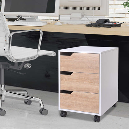 Medium-density fibreboard Mobile File Cabinet w/ 3 Drawers Locking Wheels Metal Rails Oak Tone White