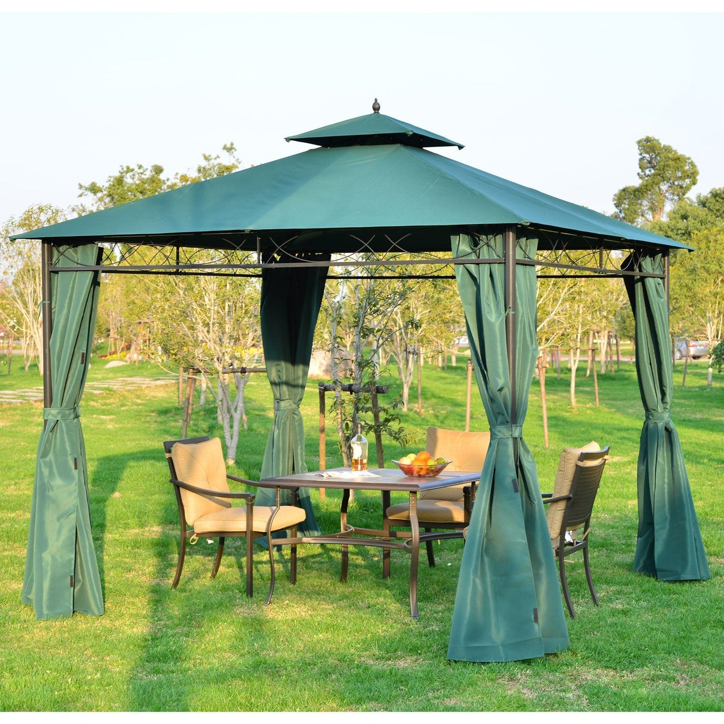 3m x3m Gazebo W/Metal Frame & Side Walls-Dark Green