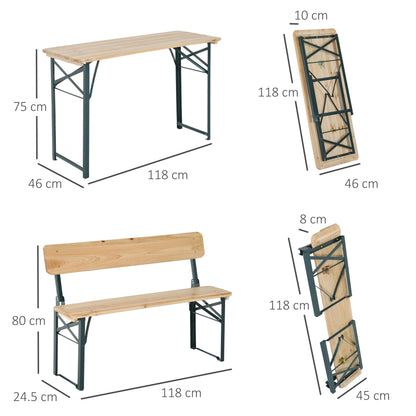 Outsunny Portable Folding Camping Picnic Trestle Beer Table and 2 Bench Set Wooden Garden Furniture Patio Dining Party BBQ Chairs Stools