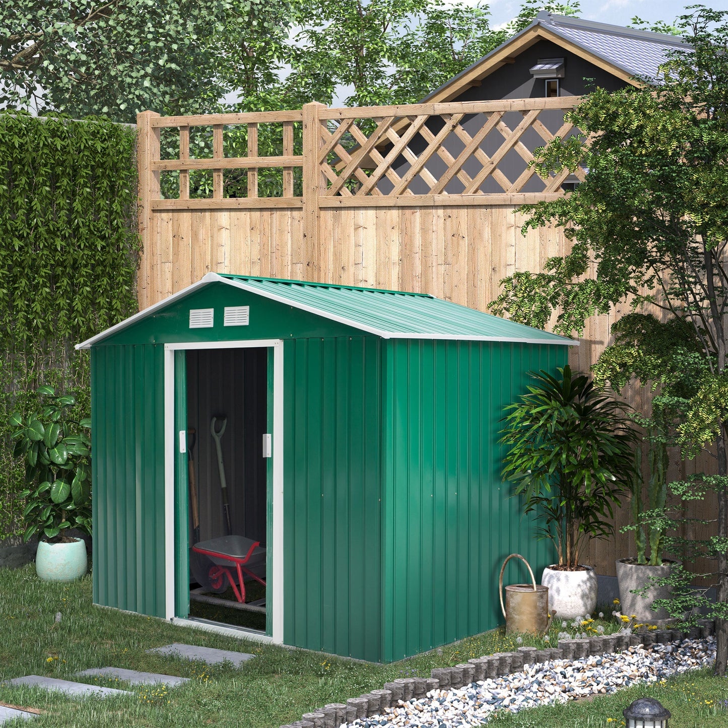 Galvanised 9 x 6' Double Door Reverse Apex Garden Shed With Ventilation Steel Green by Steadfast