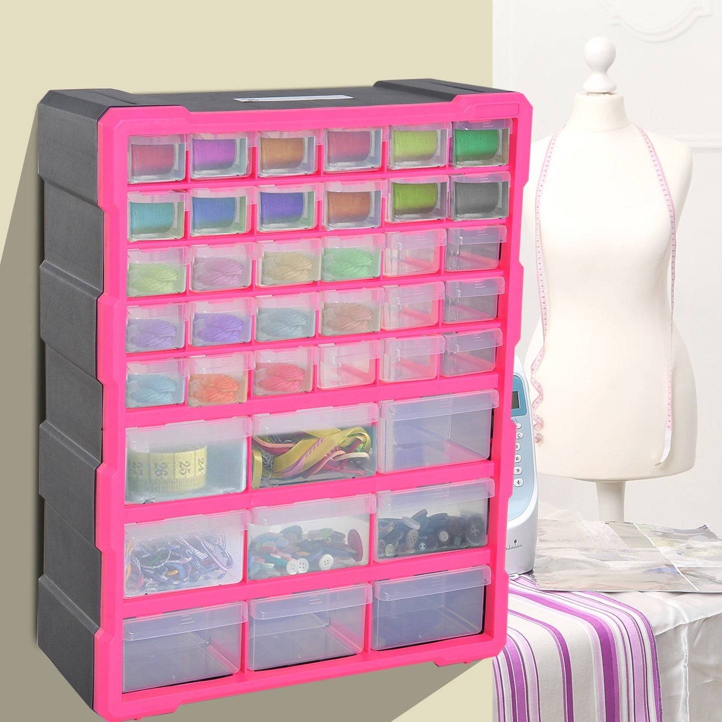 Durhand 39 Drawer Storage Cabinets 38Lx16Dx47.5H cm Plastic-Rose Red