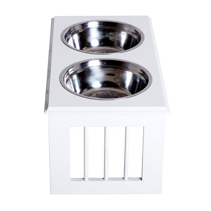 PawHut Stainless Steel Raised Dog Feeding Bowls with Stand for Small Medium Dogs Elevated Twin Pet Bowls Water Food Feeder 58.4L x 30.5W x 25.4H cm - White