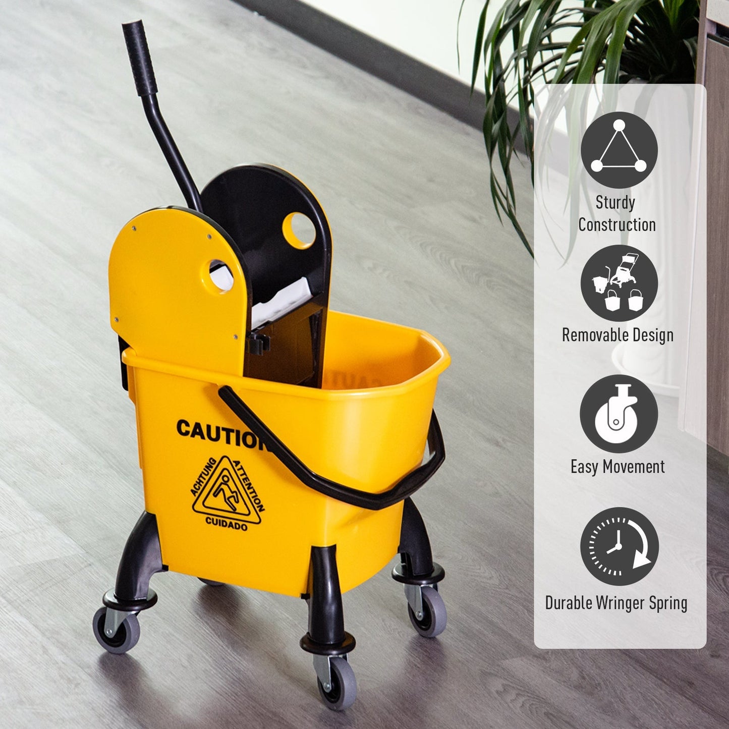 26L Mop Bucket & Water Wringer w/ 4 Wheels Plastic Body Metal Handle Pole Holder Home Commercial Cleaning Floor Cart Yellow