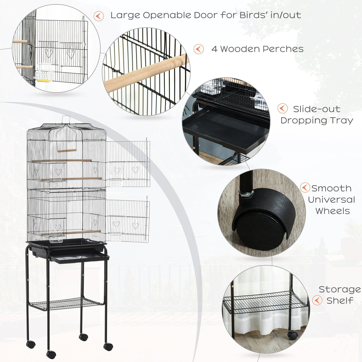 Grille 157cm Bird Cage Wheeled Black by Pawhut