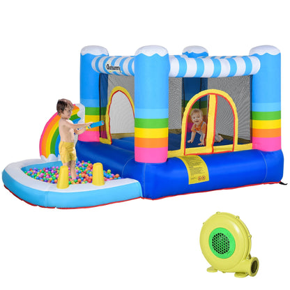 Kids Rainbow Bouncy Castle & Pool House Inflatable Trampoline w/ Blower Pump Outdoor Play Garden Activity Exercise Fun 3-8 Years 2.8 x 1.7 x 1.55m