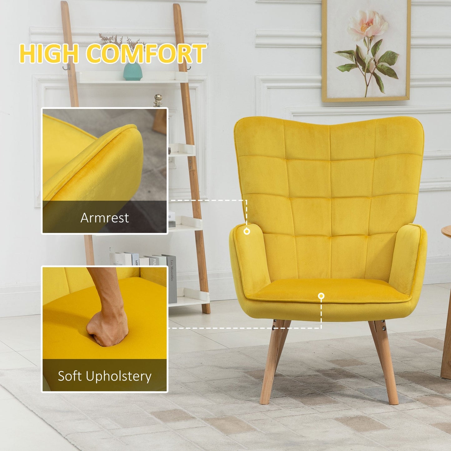 Accent Chair VelvetTufted Wingback Armchair Club Chair with Wood Legs Yellow