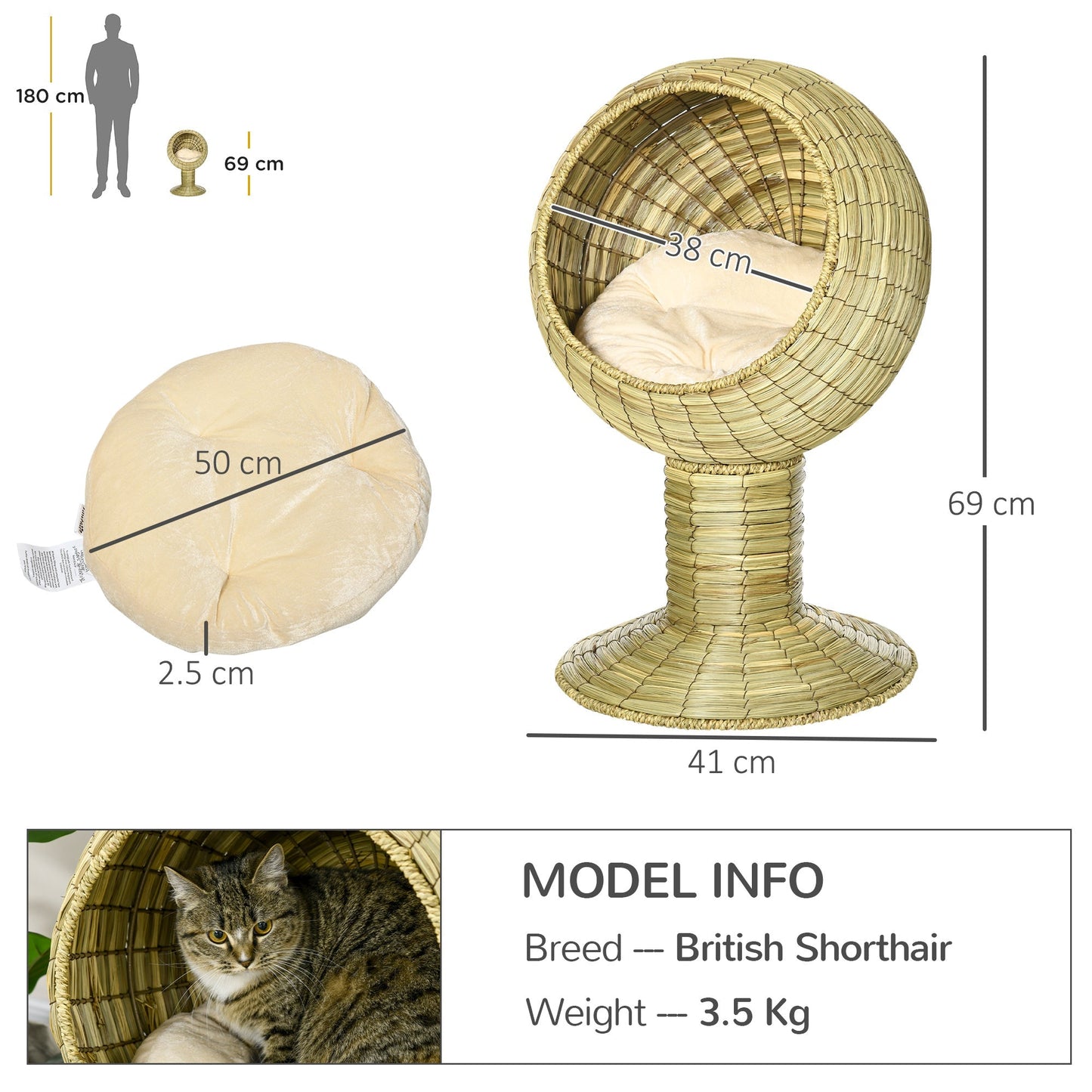 Woven 41 x 41cm Cat Bed Cyclindrical Elevated Tower by Pawhut