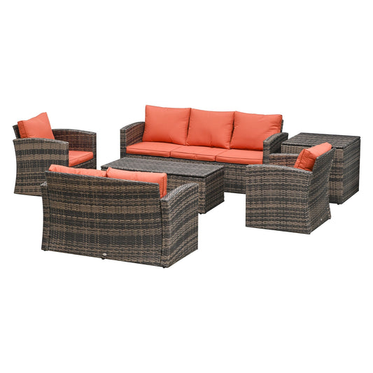 6-Piece Outdoor Rattan Wicker Sofa Set Sectional Patio Conversation Furniture Set w/ Storage Table & Cushion Mixed Brown