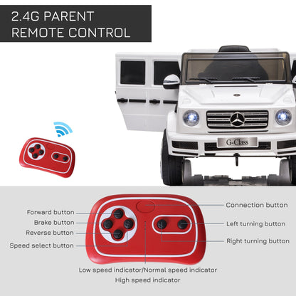 Homcom Compatible 12V Battery-powered 2 Motors Kids Electric Ride On Car Mercedes Benz G500 Toy with Parental Remote Control Music Lights MP3 Suspension Wheels for 3-8 Years Old White